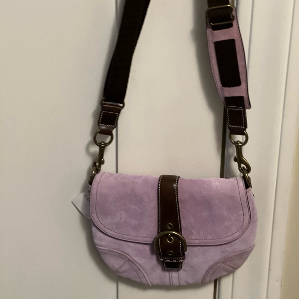 Coach suede light purple bag with brown strap and front buckle. Never worn!